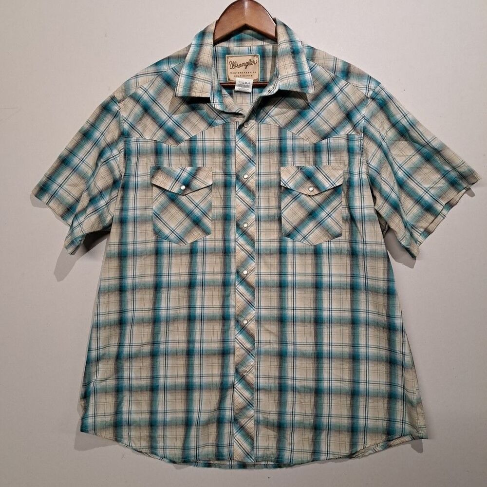 Wrangler Western Fashion Pearl Snap Shirt Short Sleeve Mens XL Blue Beige Plaid